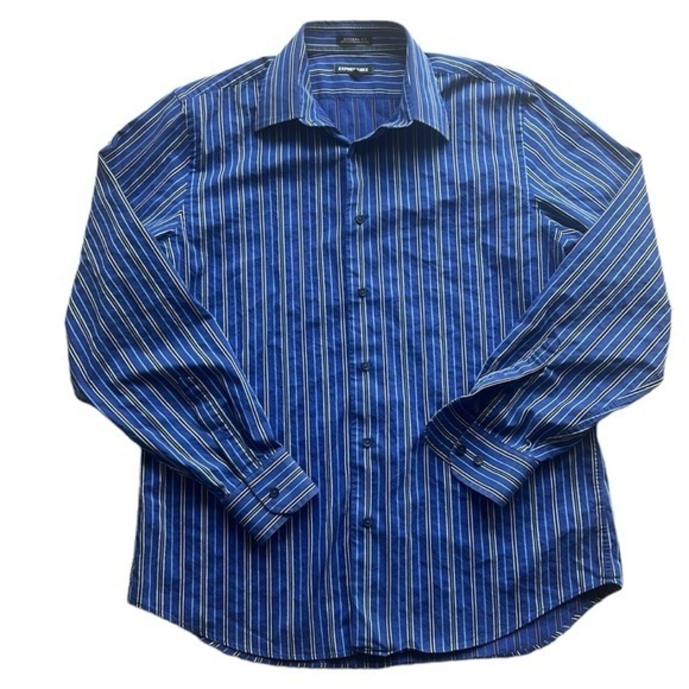 Express 1MIX Y2K Striped Navy Button Down Shirt Sz Large